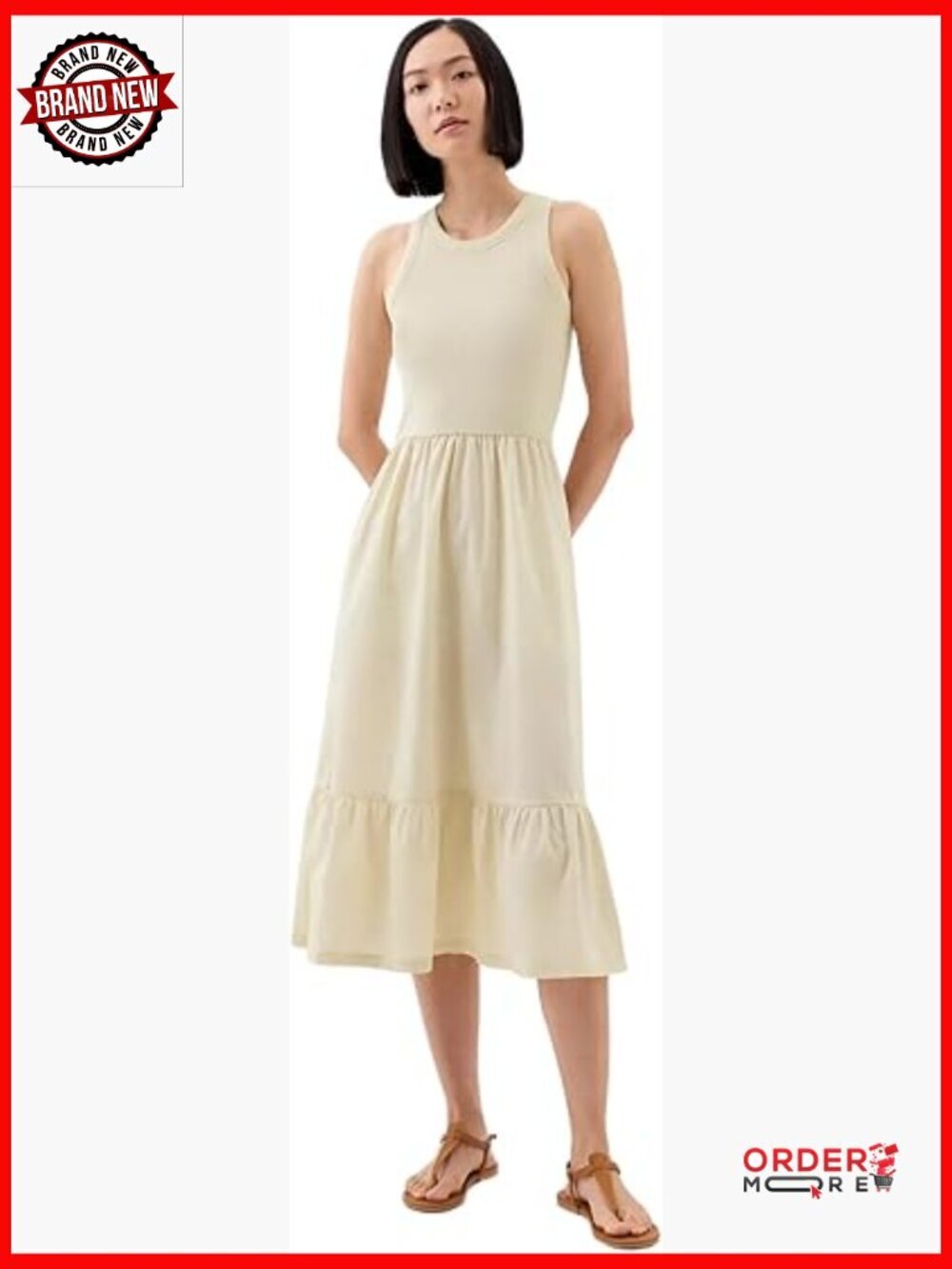 Mixed Media Midi Dress - A-Line, Crew Neck, Short Sleeve, Casual & Semi-Formal,